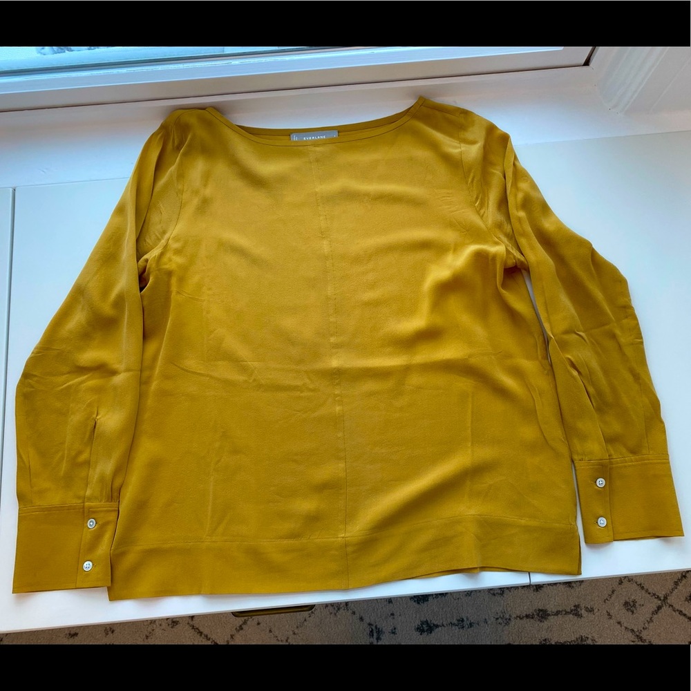 Everlane silk mustard yellow blouse.
